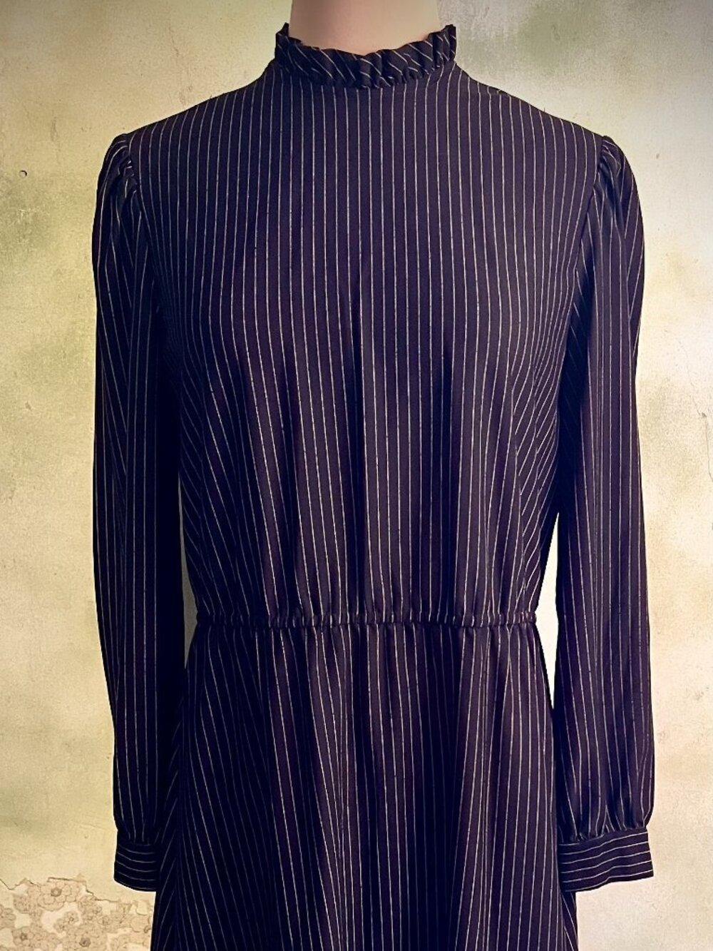 Vintage Handmade Black Pinstripe Midi Dress Ruffle Neck Long Sleeve
